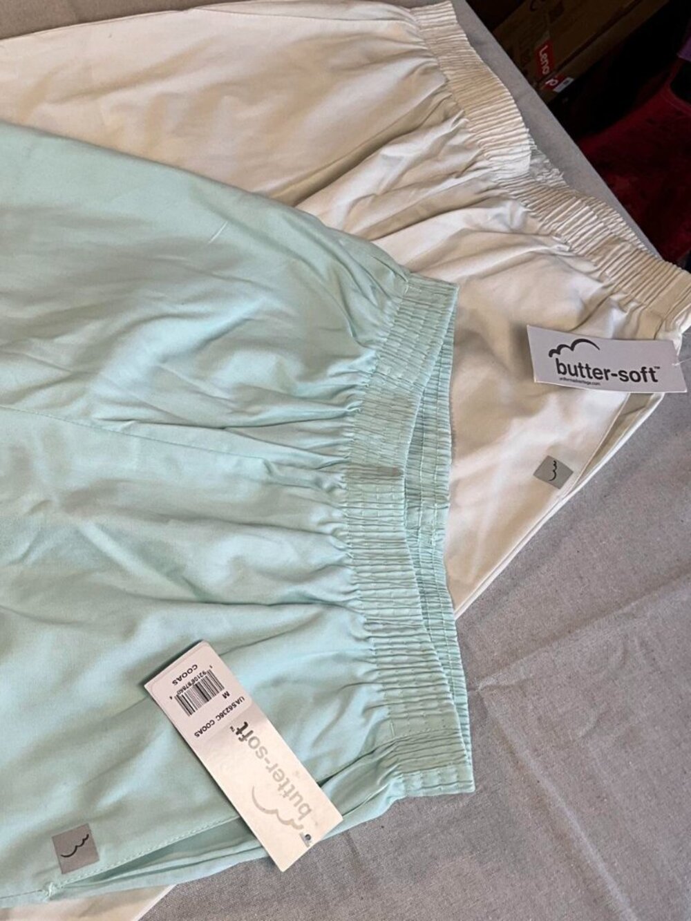 NWTs Womens Butter-Soft Ivory Baby Blue Scrub Pants 2 Pair Bundle (Medium)